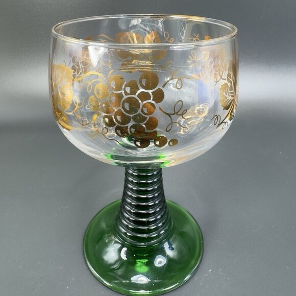 Roemer Glass Cup Goblet Green Beehive Stem Clear Gold Leafs Single Cup Germany - Picture 1 of 10